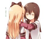  blonde_hair brown_hair closed_eyes funami_yui hands_on_another's_shoulders highres long_hair multiple_girls namori nanamori_school_uniform short_hair simple_background toshinou_kyouko translation_request white_background yuru_yuri 