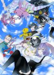  2girls 3boys agumon alternate_legwear angel angewomon armor bandai blackwargreymon blackwargreymon_x blue_eyes blue_hair curvy digimon digimon_world_re:digitize downblouse female gaomon glasses helmet kuga_yuuya mikagura_mirei multiple_boys multiple_girls nicolai_petrov nikolai_petrov official_art pantyhose piyomon purple_eyes purple_hair rindou_akiho sky smile taiga_(digimon) thighhighs twintails winged_helmet wings yasuda_suzuhito 