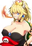  bangs bare_shoulders behind_another black_dress blonde_hair blue_earrings blue_eyes bowsette bracelet breast_rest breasts breasts_on_head breathing_fire brooch cabbie_hat cleavage collar collarbone colored_eyelashes crown dress eyebrows_visible_through_hair eyes_visible_through_hair fire grin hair_between_eyes hand_on_hip hat height_difference high_ponytail horns huge_breasts jewelry long_ponytail mario mario_(series) miyashiro_sousuke new_super_mario_bros._u_deluxe red_hat sharp_teeth shiny shiny_hair shiny_skin sidelocks simple_background slit_pupils smile solo spiked_bracelet spiked_collar spiked_shell spikes strapless strapless_dress super_crown teeth thick_eyebrows white_background 