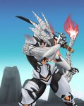 2018 action_pose anthro anthrofied armor barufaruku beak blue_eyes bodysuit breasts capcom claws clothed clothing dragon female fire holding_object melee_weapon monster_hunter outside pose simple_background skinsuit sky solo sword testowepiwko tight_clothing valstrax video_games weapon 