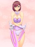  abu alternate_costume breasts cleavage commentary_request dress earrings gloves jewelry knife large_breasts nel_zelpher panties pink_background purple_eyes red_hair short_hair solo star_ocean star_ocean_till_the_end_of_time underwear 
