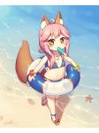  animal_ear_fluff animal_ears bangs bare_shoulders beach bikini blue_bikini blush bracelet brown_footwear brown_hair eyebrows_visible_through_hair fate/grand_order fate_(series) flat_chest food food_in_mouth fox_ears fox_girl fox_tail highres holding holding_innertube innertube jewelry langbazi letterboxed long_hair looking_at_viewer mouth_hold navel necklace outdoors pink_hair popsicle sand sandals side-tie_bikini sidelocks signature solo standing standing_on_one_leg starfish sunset swimsuit tail tail_raised tamamo_(fate)_(all) tamamo_no_mae_(swimsuit_lancer)_(fate) water younger 