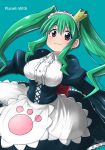  :3 apron artist_name blue_background breasts copyright_name crown eyebrows_visible_through_hair green_hair hairband highres kisa_kazuyuki kuroi_ginko large_breasts long_hair long_sleeves looking_at_viewer maid maid_apron mini_crown planet_with puffy_sleeves red_eyes simple_background skirt solo tilted_headwear twintails 