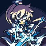  blonde_hair blue_eyes buckle commentary commission dark english_commentary glowing guilty_gear guilty_gear_xrd hidden_mouth holding holding_weapon ky_kiske lightning male_focus medium_hair ponytail shaded_face signature simple_background solo suragi_0 vignetting weapon 