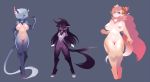  &lt;3 2_tails 4_toes 5_fingers apocanymphs_(species) big_breasts blue_eyes breasts brown_horn digitigrade female fur group hair horn inner_ear_fluff kanel larger_female long_hair multi_tail navel neck_tuft nipples nude pink_hair pink_nipples purple_fur purple_hair purple_horn pussy red_eyes short_hair simple_background size_difference smaller_female standing thick_thighs toes tuft white_hair 