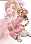  1girl animal_ears animal_print areolae ass blush breasts brown_eyes brown_hair bursting_breasts butt_crack commentary cum english_commentary facial fangs full_body gao_(gaolukchup) gloves gradient_hair grey_hair hat highres huge_breasts long_hair medium_hair multicolored_hair nipples no_bra no_panties one_eye_closed open_mouth original pajamas patreon_username paw_gloves paw_shoes paws punching_bag shoes solo straddling tail tears tiger_ears tiger_print tiger_tail torn_clothes watermark web_address yawning zoom_layer 