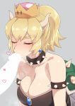  1girl armlet bangs bare_shoulders black_dress blonde_hair blush bowsette breasts breath censored cleavage closed_eyes collar collarbone crown dress earrings eyebrows eyebrows_visible_through_hair fellatio gem grey_background heart hetero highres hizaura horns jewelry large_breasts long_hair mario_(series) new_super_mario_bros._u_deluxe nose_blush oral penis penis_kiss ponytail simple_background solo_focus spiked_armlet spiked_collar spiked_shell spikes strapless strapless_dress super_crown turtle_shell upper_body 