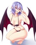  armpits barefoot bat_wings black_bra black_panties bra breast_hold breasts cleavage collarbone eyebrows_behind_hair fangs full_body hand_up highres lingerie looking_at_viewer nail_polish navel older open_mouth panties pink_nails pointy_ears red_eyes remilia_scarlet short_hair side-tie_panties simple_background smile solo squatting stomach toenail_polish toes touhou tsurime underwear underwear_only v_over_eye white_background wings zeramu 