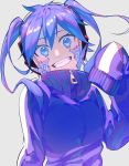  :d blue_eyes blue_hair dutch_angle ene_(kagerou_project) eyebrows_visible_through_hair facial_mark grey_background hair_between_eyes highres hikari50503 jacket kagerou_project open_mouth sleeves_past_wrists smile solo twintails upper_body wide_sleeves 