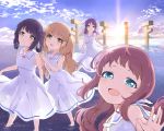  :d absurdres bangs bare_shoulders blue_eyes blue_sky blush bow breasts brown_eyes brown_hair closed_mouth cloud cloudy_sky commentary_request day dress eyebrows_visible_through_hair fingernails hair_bow hair_ornament head_tilt highres hiradaira_chisaki hisanuma_sayu horizon kiri_sakura light_brown_hair long_hair looking_at_viewer mukaido_manaka multiple_girls nagi_no_asukara ocean one_side_up open_mouth outdoors purple_hair red_bow sailor_collar sailor_dress shallow_water shiodome_miuna sky sleeveless sleeveless_dress small_breasts smile standing sunrise very_long_hair wading water white_dress white_sailor_collar 