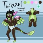  4_toes 5_fingers angel_dragon chest_tuft clothed clothing diaper digitigrade dragon eyebrows feathers front_view fur hair humanoid_hands looking_at_viewer male model_sheet multicolored_fur multicolored_hair partially_clothed rear_view signature simple_background smile source_request standing toes tuft twixxel_minty unknown_artist unknown_artist_signature waving wings 