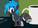  2018 badumsquish beverage blue_eyes blue_hair cellphone coffee coffee_mug cup duo elkie.exe equine fan_character female hair horse male mammal my_little_pony phone ponification pony solo_focus usb virus 