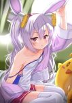  :t animal_ears arm_up azur_lane bangs bare_shoulders bed_sheet blush bunny_ears camisole closed_mouth collarbone commentary_request eyebrows_visible_through_hair fur-trimmed_jacket fur_trim hair_between_eyes hair_ornament hairband highres jacket laffey_(azur_lane) long_hair long_sleeves looking_at_viewer off_shoulder pleated_skirt pout purple_hair purple_jacket red_eyes red_hairband red_skirt sidelocks sitting skirt solo strap_slip stuffed_animal stuffed_bird stuffed_toy thighhighs tsukiman very_long_hair white_camisole white_legwear 