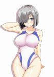  3: alternate_costume arm_behind_back armpits blue_eyes blush bob_cut breasts chan_(akuty_ikkot) clenched_hand closed_mouth collarbone competition_swimsuit cowboy_shot embarrassed eyebrows_visible_through_hair groin hair_ornament hair_over_one_eye hairclip hamakaze_(kantai_collection) hand_behind_head hand_up head_tilt highleg highleg_swimsuit highres hips impossible_clothes impossible_swimsuit kantai_collection large_breasts legs_together looking_at_viewer one-piece_swimsuit one_eye_covered raised_eyebrows shadow shiny shiny_hair shiny_skin short_hair silver_hair simple_background solo standing straight_hair swimsuit white_background white_swimsuit 