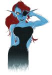  anthro black_clothing black_dress black_lips blue_skin eye_patch eyewear female fish gills gullshriek hair long_hair marine portrait pose red_eyeshadow red_hair sharp_teeth simple_background solo teeth undertale undyne video_games white_background yellow_eyes 