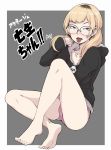  act-age barefoot blonde_hair brown_eyes collarbone feet freckles glasses highres hood hoodie ina_(gokihoihoi) looking_at_viewer no_pants panties piercing sanzaka_nanao sitting tongue tongue_out tongue_piercing translated twintails underwear 
