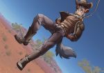  2018 anthro asphyxiation belt blue_sky boots bound brown_fur clothed clothing cowboy cowboy_hat day detailed_background digital_media_(artwork) dutch_angle execution footwear front_view fully_clothed fur grey_bottomwear grey_clothing grey_fur grey_pants grey_tail hands_behind_back hands_tied hanged hat hyena imminent_death male mammal multicolored_fur noose open_mouth outside pants rope shirt sky solo tongue tongue_out tree tuma_(flowofnothing) twinkle-sez two_tone_fur wide_eyed 