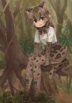  animal_ears animal_print belt boots bow bowtie branch brown_eyes brown_hair cat_ears cat_tail cross-laced_footwear elbow_gloves eyebrows_visible_through_hair foliage full_body gloves high-waist_skirt kemono_friends lace-up_boots marbled_cat_(kemono_friends) multicolored_hair roots rumenia_(ao2is) shoe_bow shoes short_hair short_sleeves sitting sitting_on_hand skirt solo tail thighhighs tree 