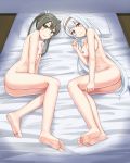  barefoot bed blush breasts commentary eyebrows_visible_through_hair feet green_eyes green_hair grey_hair hair_between_eyes hair_ribbon highres kantai_collection long_hair looking_at_viewer medium_breasts multiple_girls nipples nude nuppunuppu remodel_(kantai_collection) ribbon shoukaku_(kantai_collection) small_breasts soles take_your_pick toes twintails zuikaku_(kantai_collection) 