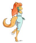  2018 anthro barefoot butt butt_pose clothing cosma feet female hair howsplendid invalid_tag lizard looking_at_viewer looking_back ok_k.o.!_let&#039;s_be_heroes red_hair reptile scalie simple_background soles solo toes 