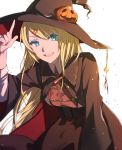  adjusting_clothes adjusting_hat bangs blonde_hair blue_eyes blue_eyeshadow breasts cape commentary_request corset eyebrows_visible_through_hair halloween hat hikari50503 jack-o'-lantern long_hair medium_breasts original pumpkin smile solo swept_bangs white_background witch_costume witch_hat 