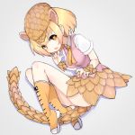  1girl blonde_hair boots eyebrows_visible_through_hair fang full_body giant_pangolin_(kemono_friends) grey_background hat highres kemono_friends knee_boots looking_at_viewer open_mouth orange_hair pangolin_ears pangolin_tail pink_shorts scales shirt short_sleeves shorts simple_background solo teranekosu white_shirt yellow_footwear yellow_neckwear 