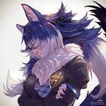  animal_ears blue_hair breasts commentary_request dire_wolf_(kemono_friends) hair_over_eyes highres kemono_friends large_breasts long_hair looking_away multicolored_hair simple_background solo takami_masahiro two-tone_hair upper_body white_background white_hair wolf_ears 