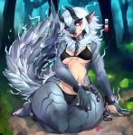  absurd_res big_tail black_clothing bra capcom clothed clothing collar fanged_wyvern female front_view hi_res horn kneeling looking_at_viewer monster_hunter monster_hunter_world nipple_bulge panties pointy_ears red_eyes slit_pupils solo thick_thighs tobi-kadachi underwear video_games wide_hips zerolativity 