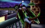  angel_dragon anthro balcony biped city clothed clothing diaper dragon eyewear feathers full_moon fur glasses hair looking_at_viewer looking_back male moon mountain night partially_clothed rear_view sky source_request standing twixxel_minty unknown_artist wings 