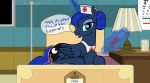  2018 bed dialogue english_text equine female friendship_is_magic horn mammal my_little_pony nurse princess_luna_(mlp) syringe text trash_anon winged_unicorn wings 