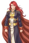  alvis_(fire_emblem) cape european_clothes fire_emblem fire_emblem:_seisen_no_keifu long_hair looking_at_viewer red_eyes red_hair rere_(yusuke) shoulder_pads simple_background smile solo wavy_hair white_background 