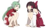  :o arm_support bangs bare_shoulders bow brown_eyes brown_footwear brown_hair cloud_print collared_shirt commentary_request curly_hair detached_sleeves eyebrows_visible_through_hair frilled_hair_tubes frills full_body green_eyes green_hair hair_bow hair_tubes hakurei_reimu half_updo horn kariyushi_shirt komano_aun leon_(mikiri_hassha) long_hair looking_at_viewer midriff_peek multiple_girls nontraditional_miko red_bow red_shirt red_skirt sandals shirt short_sleeves sidelocks simple_background sketch skirt skirt_set sleeveless sleeveless_shirt squatting thighs touhou white_background 