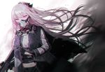  ak-12 ak-12_(girls_frontline) assault_rifle bangs black_gloves braid breasts cloak commentary damaged floating_hair french_braid gas_mask girls_frontline gloves gun holding holding_gun holding_weapon jacket long_hair long_sleeves looking_at_viewer medium_breasts purple_eyes ribbon rifle sidelocks silence_girl silver_hair solo torn_clothes very_long_hair weapon wind wind_lift 