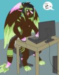  angel_dragon anthro biped chair chest_tuft clothed clothing computer desk dialogue diaper dragon english_text feces fur hair headphones male messy_diaper partially_clothed scat signature sitting soiling solo_focus text topless tuft twixxel_minty unknown_artist unknown_artist_signature wings 