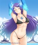  armpits ass_visible_through_thighs bikini blue_fire breasts closed_eyes collarbone cslucaris fire gloves kagutsuchi_(xenoblade) long_hair medium_breasts navel purple_hair simple_background smile solo swimsuit water xenoblade_(series) xenoblade_2 