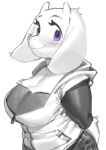  anthro aruurara big_breasts boss_monster breasts caprine clothed clothing eyelashes female floppy_ears fluffy horn jacket looking_at_viewer mammal partially_colored purple_eyes restricted_palette side_view simple_background smile solo toriel undertale video_games white_background 