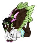 angel_dragon anthro biped clothed clothing diaper dragon eyewear fully_clothed fur glasses hair hoodie horn looking_at_viewer lying male on_front source_request twixxel_minty unknown_artist wings 