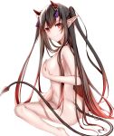  ass bangs between_legs black_hair breasts closed_mouth commentary covering covering_breasts from_behind gradient_hair hair_between_eyes hair_ornament hand_between_legs hand_on_own_chest highres horns long_hair looking_at_viewer multicolored_hair nude oni original pointy_ears red_eyes resuta side_ponytail sideboob sitting smile solo tail tassel wariza white_background 