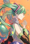  bare_shoulders closed_eyes detached_sleeves eyebrows_visible_through_hair from_side green_hair green_nails green_neckwear hatsune_miku highres hikari50503 light_smile long_hair nail_polish nape necktie orange_background twintails vocaloid 