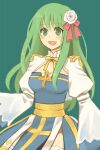  1girl arch_bishop_(ragnarok_online) bangs blue_dress blush bow breasts cleavage cleavage_cutout clothing_cutout commentary_request cowboy_shot cross dress eyebrows_visible_through_hair flower frilled_legwear green_background green_eyes green_hair hair_bow hair_flower hair_ornament juliet_sleeves long_sleeves looking_at_viewer medium_breasts open_mouth pink_bow puffy_sleeves ragnarok_online sash simple_background smile solo thighhighs tsuki_miso two-tone_dress white_dress white_flower white_legwear yellow_sash 