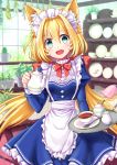  :d animal_ears apron aqua_eyes back_bow bangs blonde_hair blue_dress blush bow bowtie cactus cat_ears center_frills coconat_summer commentary_request creamer_(vessel) cup dress eyebrows_visible_through_hair fang frilled_shirt_collar frills hair_between_eyes highres holding holding_tray long_hair looking_at_viewer open_mouth original plant plate potted_plant red_neckwear shelf smile solo spoon sugar_bowl teacup teapot tray twintails waist_apron white_apron window 
