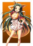  absurdres animal_ears apron choker commentary_request fang feet_out_of_frame fox_ears fox_tail frilled_apron frills gradient gradient_background green_hair hand_on_hip highres kemonomimi_mode long_hair looking_at_viewer ngo no_bra one_eye_closed open_mouth orange_background short_sleeves solo standing suzumiya_haruhi_no_yuuutsu tail tsuruya very_long_hair white_apron wide_sleeves wrist_cuffs yellow_eyes 