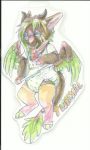  angel_dragon anthro biped clothing con_badge diaper dragon english_text eyewear feathers fur glasses hair horn male shirt text traditional_media_(artwork) twixxel_minty unknown_artist wings 