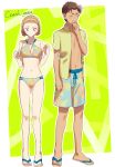  1girl artist_name bikini blush breasts brown_hair cleavage cleavage_cutout closed_eyes couple czech_gana full_body hairband kyougoku_makoto looking_down medium_breasts meitantei_conan navel orange_hairband short_hair standing suzuki_sonoko swimsuit 