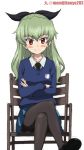  alternate_hairstyle anchovy artist_name assam assam_(cosplay) bangs black_footwear black_legwear black_neckwear black_ribbon blue_skirt blue_sweater chair closed_mouth commentary cosplay crossed_arms crossed_legs dress_shirt emblem eyebrows_visible_through_hair girls_und_panzer green_hair hair_ribbon kayabakoro long_hair long_sleeves looking_at_viewer miniskirt necktie pantyhose pleated_skirt red_eyes ribbon school_uniform shirt shoes simple_background sitting skirt smile solo st._gloriana's_(emblem) st._gloriana's_school_uniform sweater twitter_username v-neck white_background white_shirt wing_collar 