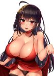  :d absurdres ahoge azur_lane bangs bare_shoulders black_hair black_legwear black_panties blush breasts choker cleavage cocktail_dress collarbone crossed_bangs dress dress_lift eyebrows_behind_hair gui_ss hair_between_eyes hair_ornament highres huge_breasts lifted_by_self long_hair looking_at_viewer md5_mismatch open_mouth panties red_choker red_dress red_eyes shiny shiny_skin simple_background smile solo taihou_(azur_lane) thighhighs underwear very_long_hair white_background 