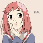  1girl aliasing copyright_name flcl lips lowres om_(artist) open_mouth samejima_mamimi simple_background solo 