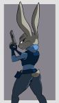  2016 anthro belt belt_pouch bulletproof_vest butt_pose cheek_tuft clothing disney eyelashes female fur grey_fur gun handgun judy_hopps lagomorph law_enforcement long_ears looking_back mammal officer pink_nose police police_officer police_uniform purple_eyes qrog rabbit ranged_weapon short_tail solo tuft uniform utility_belt vest weapon zootopia 