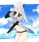  absurdres ak-12_(girls_frontline) alter_sang girls_frontline highres huge_filesize long_hair one_eye_closed open_mouth purple_eyes silver_hair smile solo sports_bikini swimsuit 