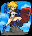  bangs belt black_border blonde_hair blue_eyes blue_footwear blue_gloves boots border breasts cape cleavage cleavage_cutout cloud commentary_request dakusuta dc_comics gloves hair_between_eyes high_heels highres leotard power_girl red_cape short_hair sky solo superhero white_leotard 